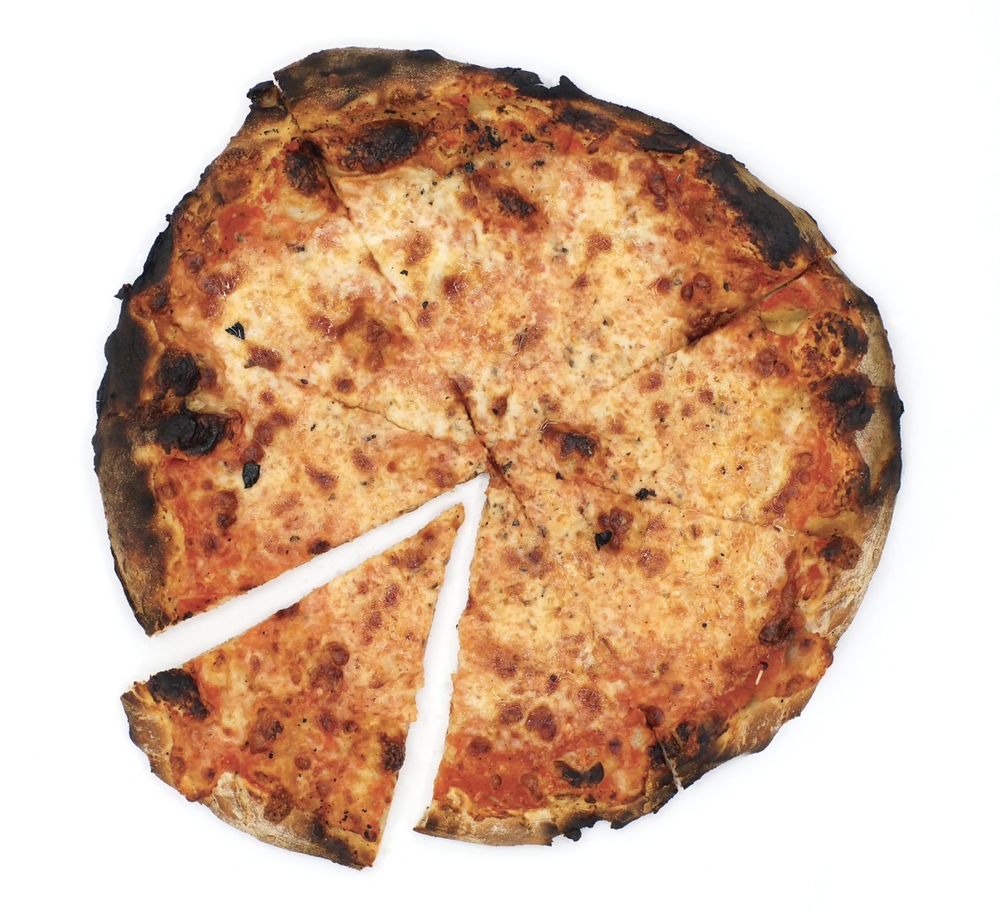 A New Haven apizza with one slice pulled away